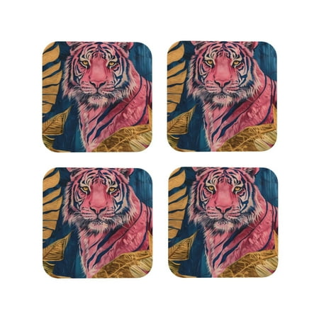 

Junzan Pink Tiger Gold Leaves Print Coasters for Drinks - Leather Coasters Set of 4 for Coffee Table for Housewarming/Kitchen/Bar/Decor-Square