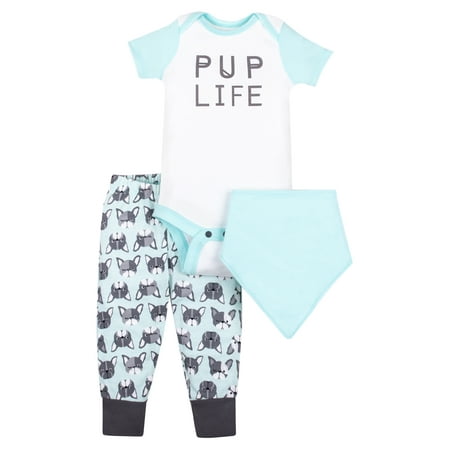 100% Organic Cotton Short Sleeve Bodysuit, Pants & Bandana Bib, 3pc Outfit Set (Baby Boys)