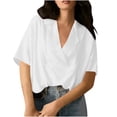 thumbnail image 3 of Women's Summer Collar Short Sleeve Shirt Blouse Top Loose Fit Casual Breathable Lightweight Solid Color Vacation Fashion | CSEONE,White L, 3 of 9