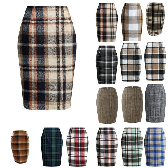 Cyglowse Women's Plaid Skirt High Waisted Bodycon Pencil Mini Midi Skirts 2025 Fall Winter A Line Wool Skirt Camel S