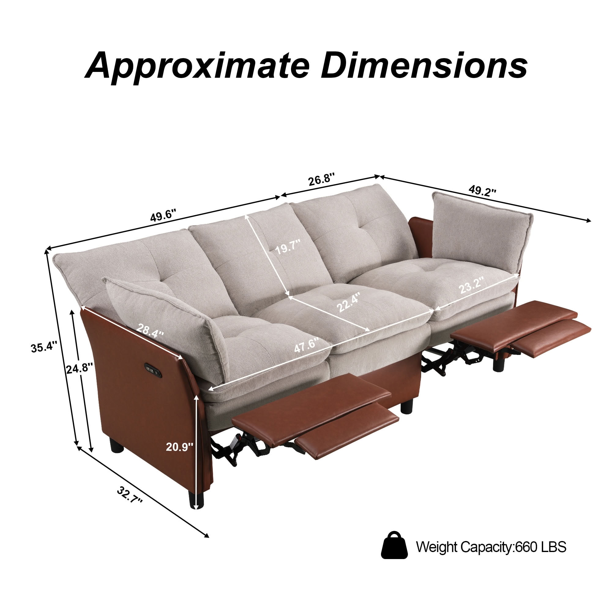 MAYEERTY 3-Seater Reclining Sofa with Extendable Footrest, Dual-Tone Linen & PU Leather Couch, 660 LBS Capacity for Living Room Apartment