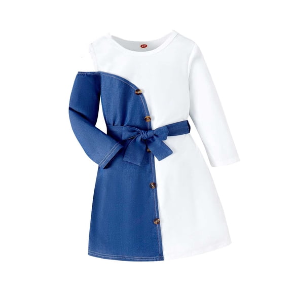 WMQPNNS Girls Denim Overall Dress Blue Dress for Age 5-6 Years Color Block Jeans Patchwork Casual Dress Cold Shoulder Long Sleeve Button Dress