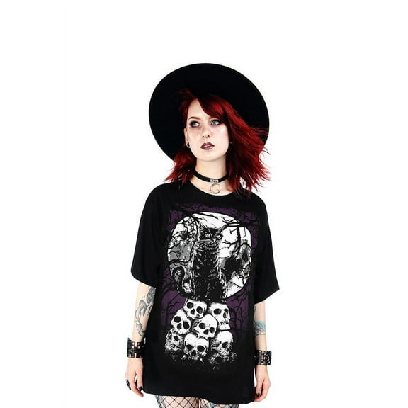 Restyle Morbid Cat Gothic Oversized T Shirt, Black (XL)