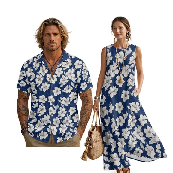 Renewold Women Maxi Sundresses and Vacation Shirts Matching Outfits for Couples Crewneck Summer Floral Dress Men's Hawaiian Shirts for Vacation, Tropical Hibiscus Print Navy Blue, S