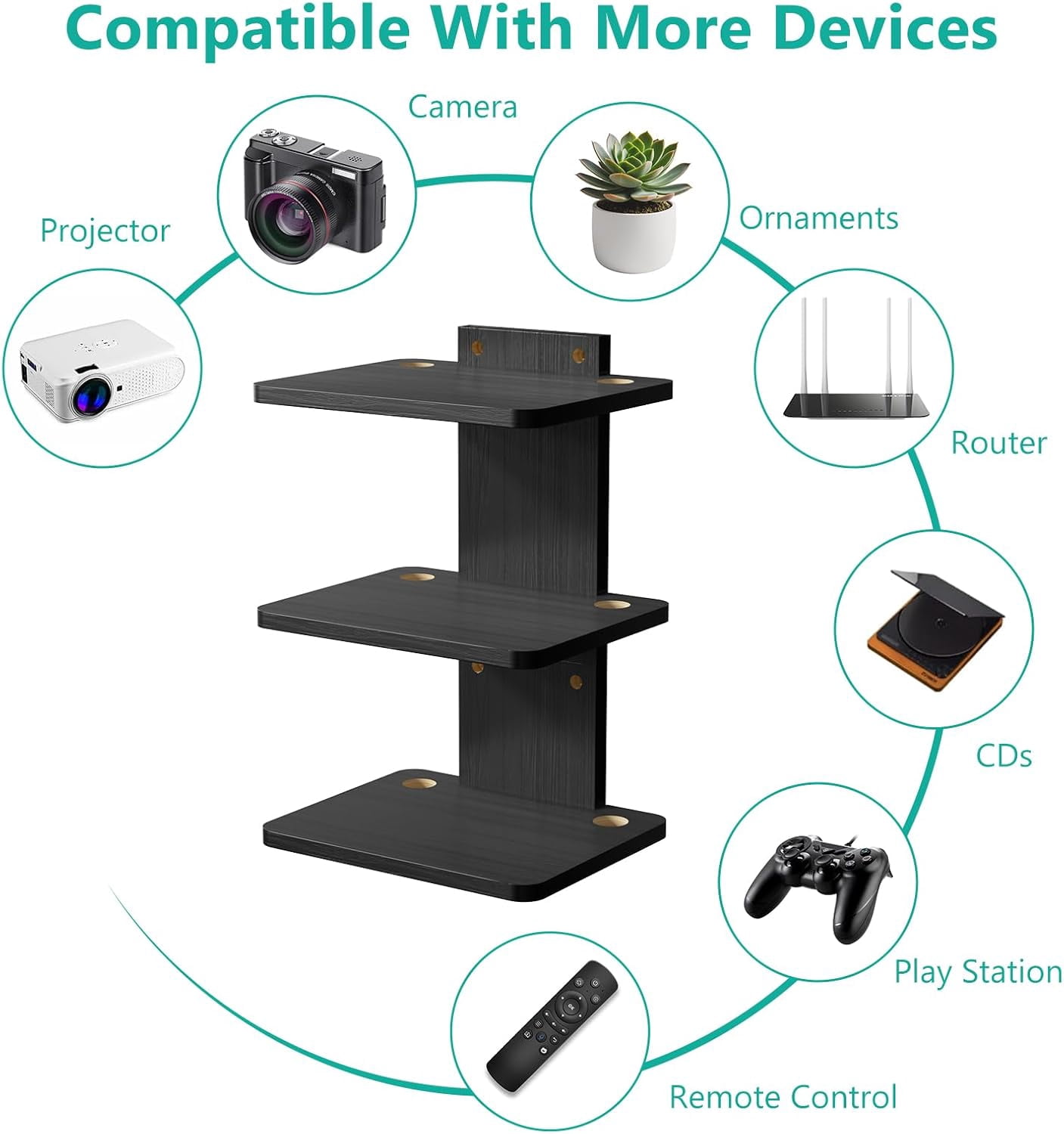 Floating TV Shelf, 3 Tier Projector Shelf for DVD Players, Routers, Game Consoles, Cable Boxes, Living Room Decor Accessories, Wall Mount Shelves Holds Up to 22lbs (CS303NB), 3-Shelf, Black