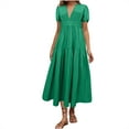 thumbnail image 1 of QIPOPIQ Robe Midi d'Été pour Femme à Col en V, Manches Courtes Bouffantes, Ligne A, à Volants, Liquidation, 1 of 4