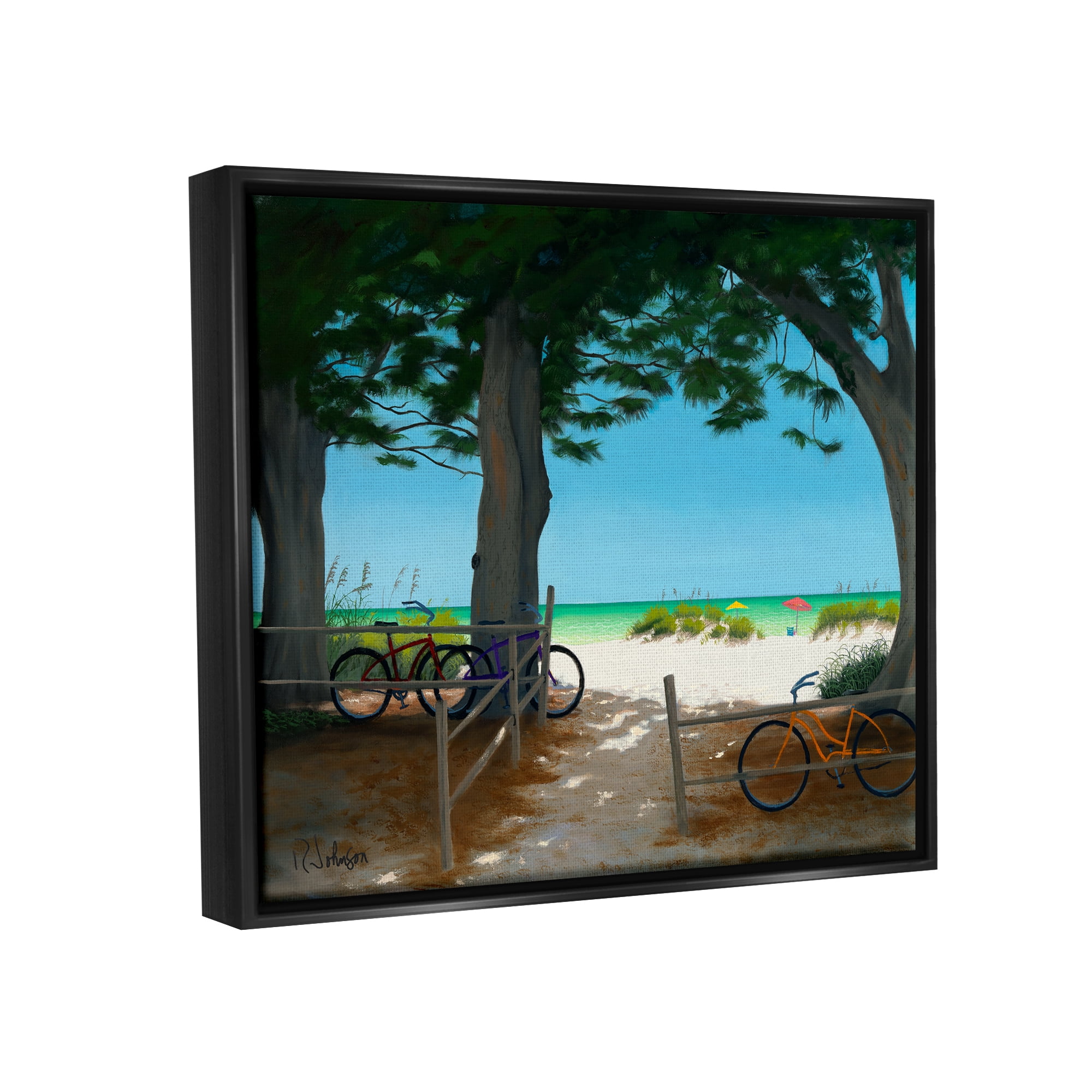 Stupell Industries Bicycles at Beach Park Distant Summer Ocean Scenery Painting Jet Black Floating Framed Canvas Print Wall Art, Design by Robert Johnson