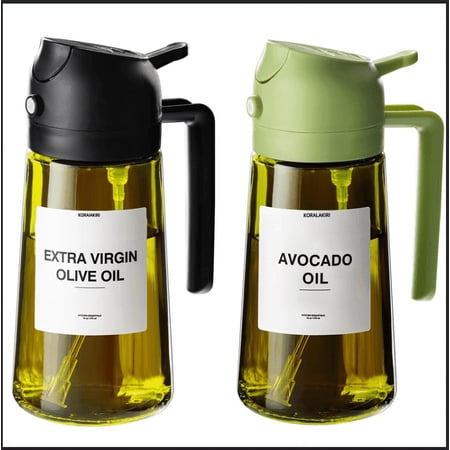 KORALAKIRI Olive Oil Dispenser, 2 in 1 Oil Sprayer for Cooking, 16oz/470ml Glass Oil Spray Bottle with Pourer, Food-grade Oil Dispenser and Oil Sprayer for Kitchen, Salad, Frying, BBQ (Black & Green)