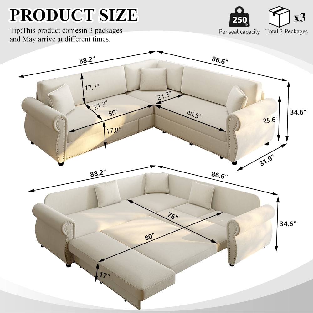 88.2'' Pull Out Couch, Convertible Sleeper Sofa Bed, Upholstered Sectional Sofa, Chenille L-Shaped Couch with Nailhead Trim, 4-Seater Modern Sectional Couches for Living Room, Apartment, Beige
