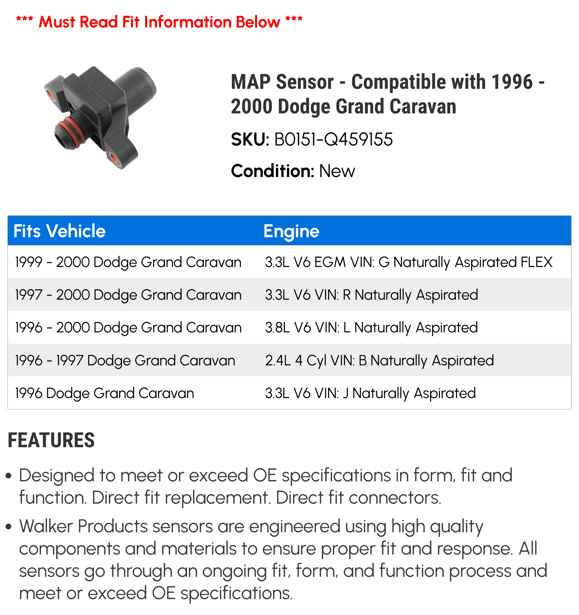 MAP Sensor - Compatible with 1996 - 2000 Dodge Grand Caravan 1997 1998 1999