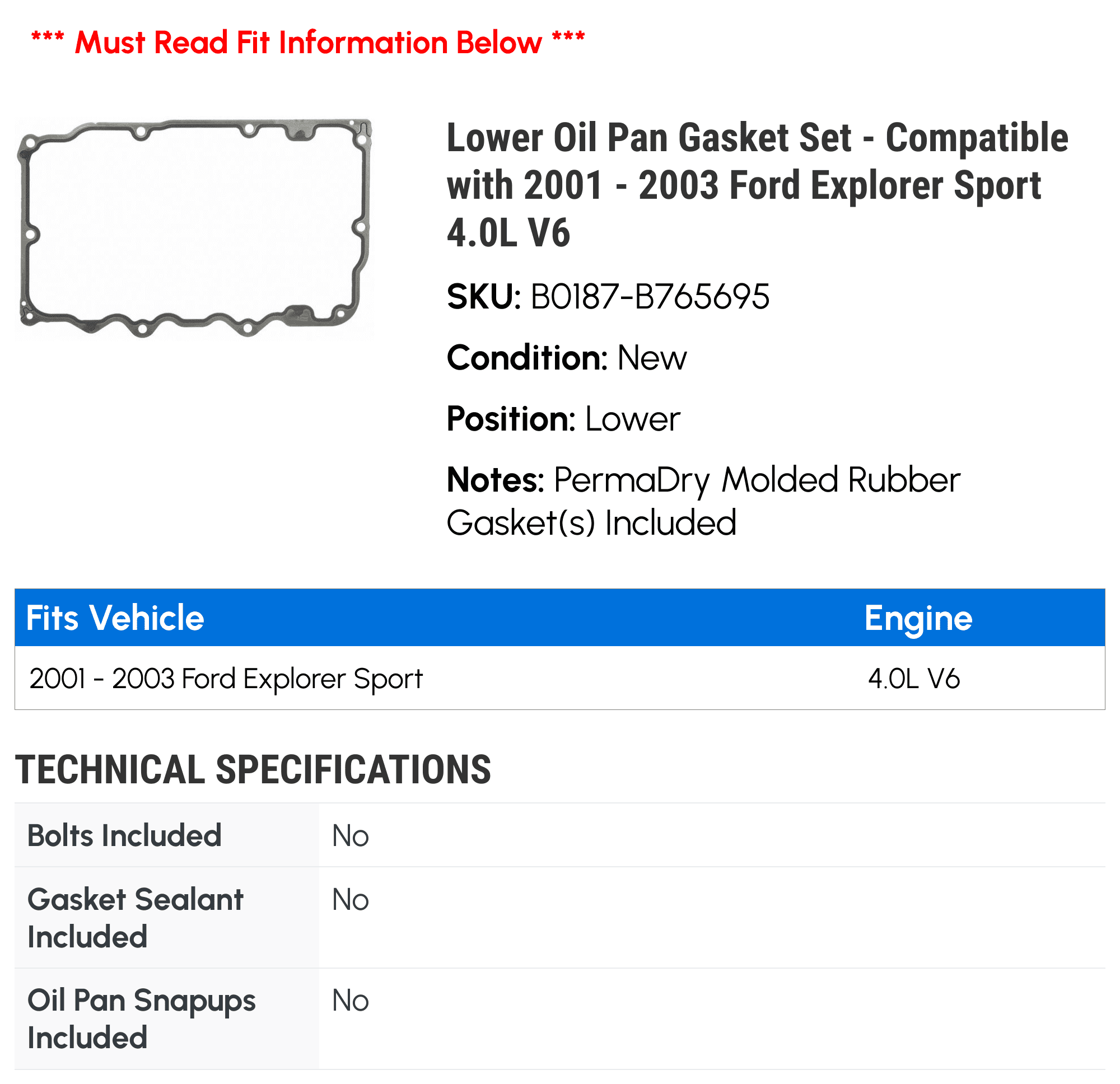 Lower Oil Pan Gasket Set - Compatible with 2001 - 2003 Ford Explorer Sport 4.0L V6 2002