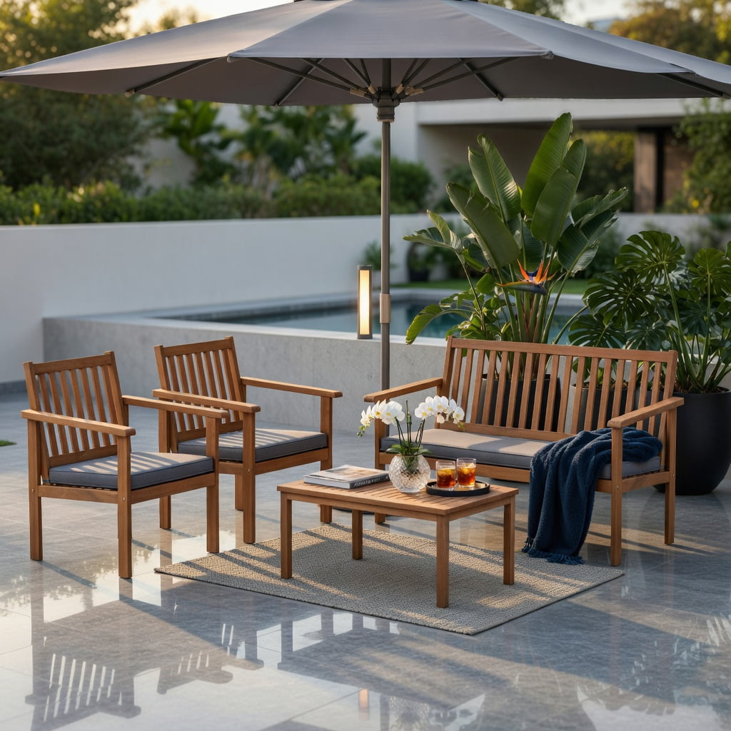 Hommoo 4-Piece Acacia Wood Patio Furniture Set, Cushioned Loveseat, 2 Chairs & Coffee Table for Backyard, Poolside, Porch, Gray