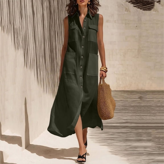 Odbmxy Womens Midi Dresses Cotton Shift Summer Button Down Collared Casual Womens Shirt Dress Sleeveless Holiday