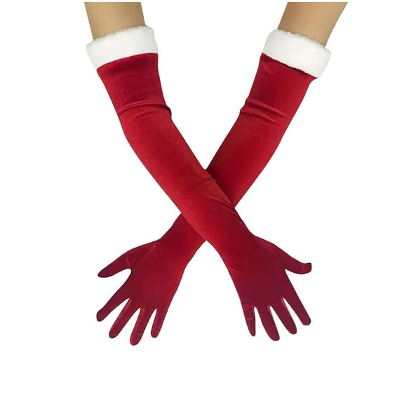 Xfvqtps Red Velvet Gloves with White Cuffs Red Long Santa Gloves with Soft White Cuffs Stretchy Full Finger Gloves for Women Girls Holiday Accessories Red
