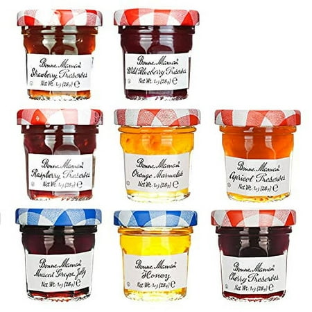 Gift Box of 8 Bonne Maman Mini 1 oz. Jars (1 jar each of Grape, , Apricot, Raspberry, Blueberry, Orange and 2 jars of Strawberry)