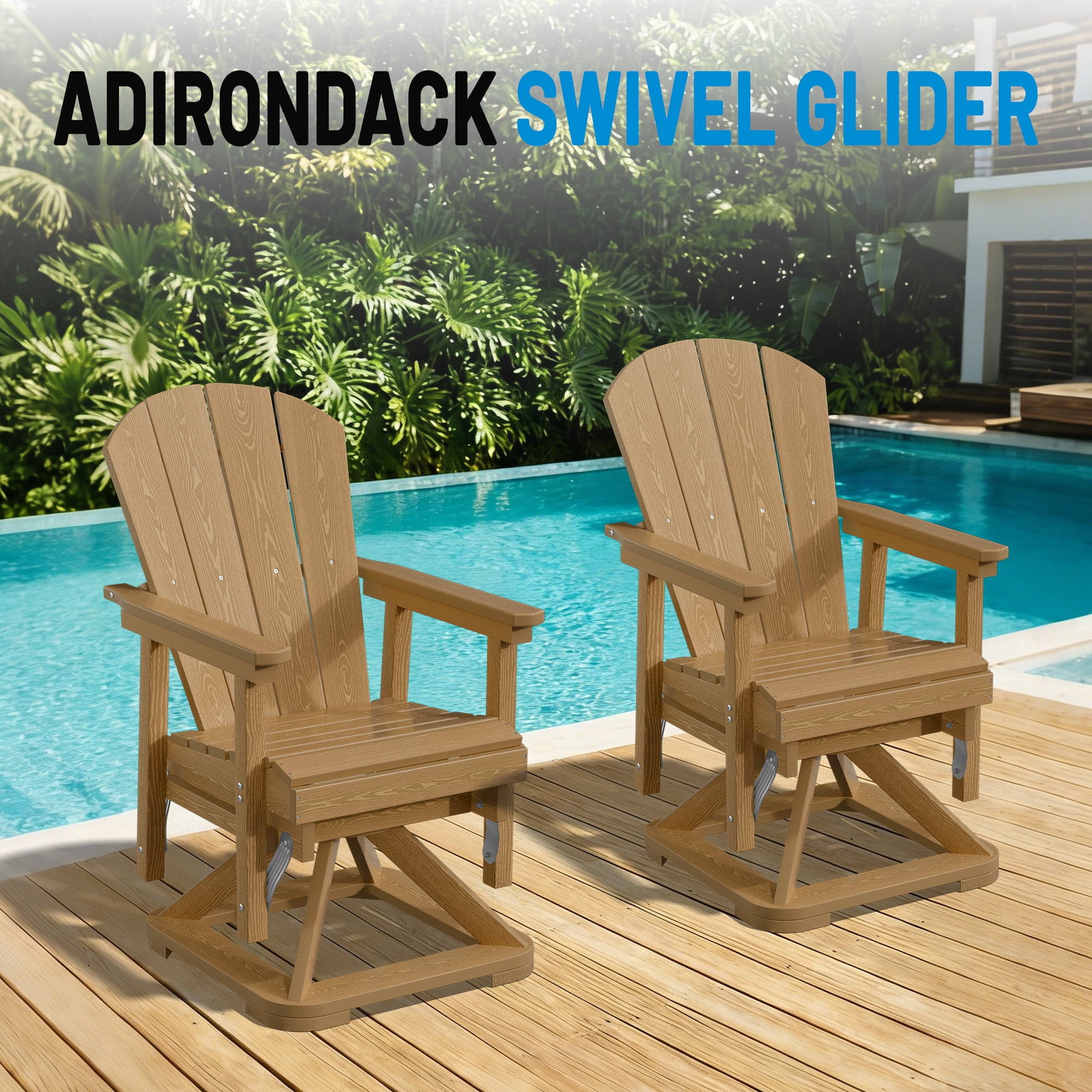 Easthome 360°Swivel Glider Adirondack Chair All-Weather HDPE Outdoor Rocking Chair with Ergonomic Backrest, Outdoor Swivel Rocker for Patio, Porch & Deck - Brown