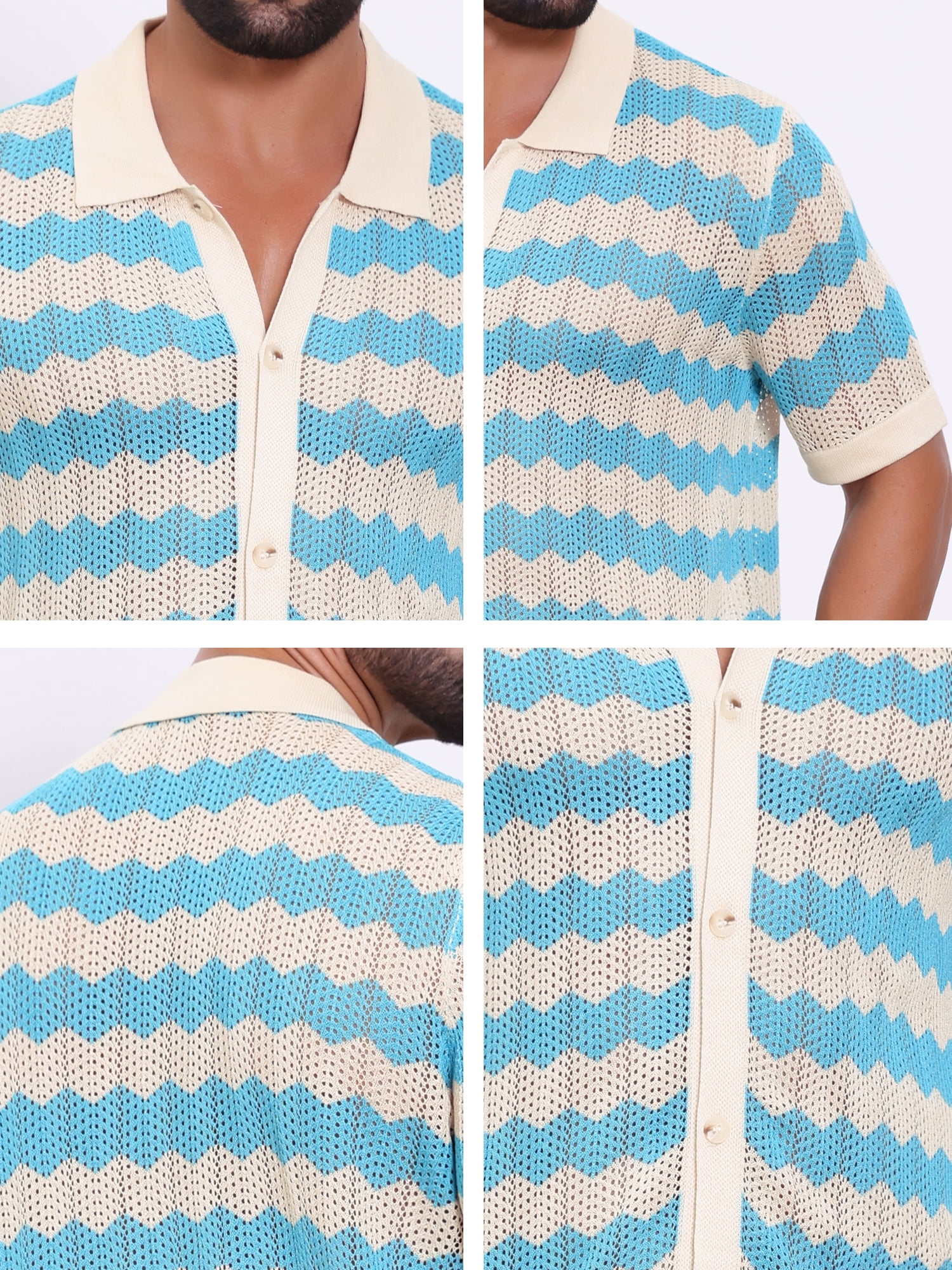 DARING DIVA Men's Wave Crochet Hollow Out Button Down Striped Shirts S Blue
