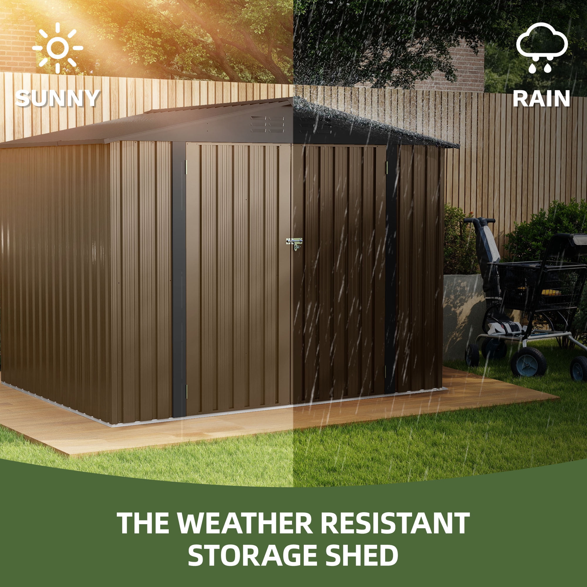 Uforic 7x5ft Metal Outdoor Storage Shed, Waterproof Heavy Duty Storage Unit with Lockable Door & Ventilation, Outdoor Tool Shed for Bike, Lawn Mower, Garden Tools, Backyard Patio Lawn Use, Brown