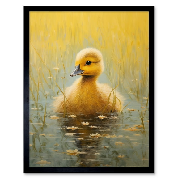 Cute Yellow Ducking in Countryside Pond Oil Painting Kids Bedroom Baby Duck Bright Artwork Art Print Framed Poster Wall Decor 12x16 inch