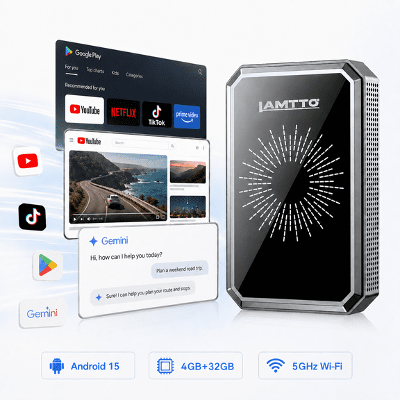 LAMTTO Wireless CarPlay Adapter Car AI Console, Gemini AI & Google Play, Video Apps, Car Play & Android Auto Plug & Play for Wired CarPlay Cars 2016 