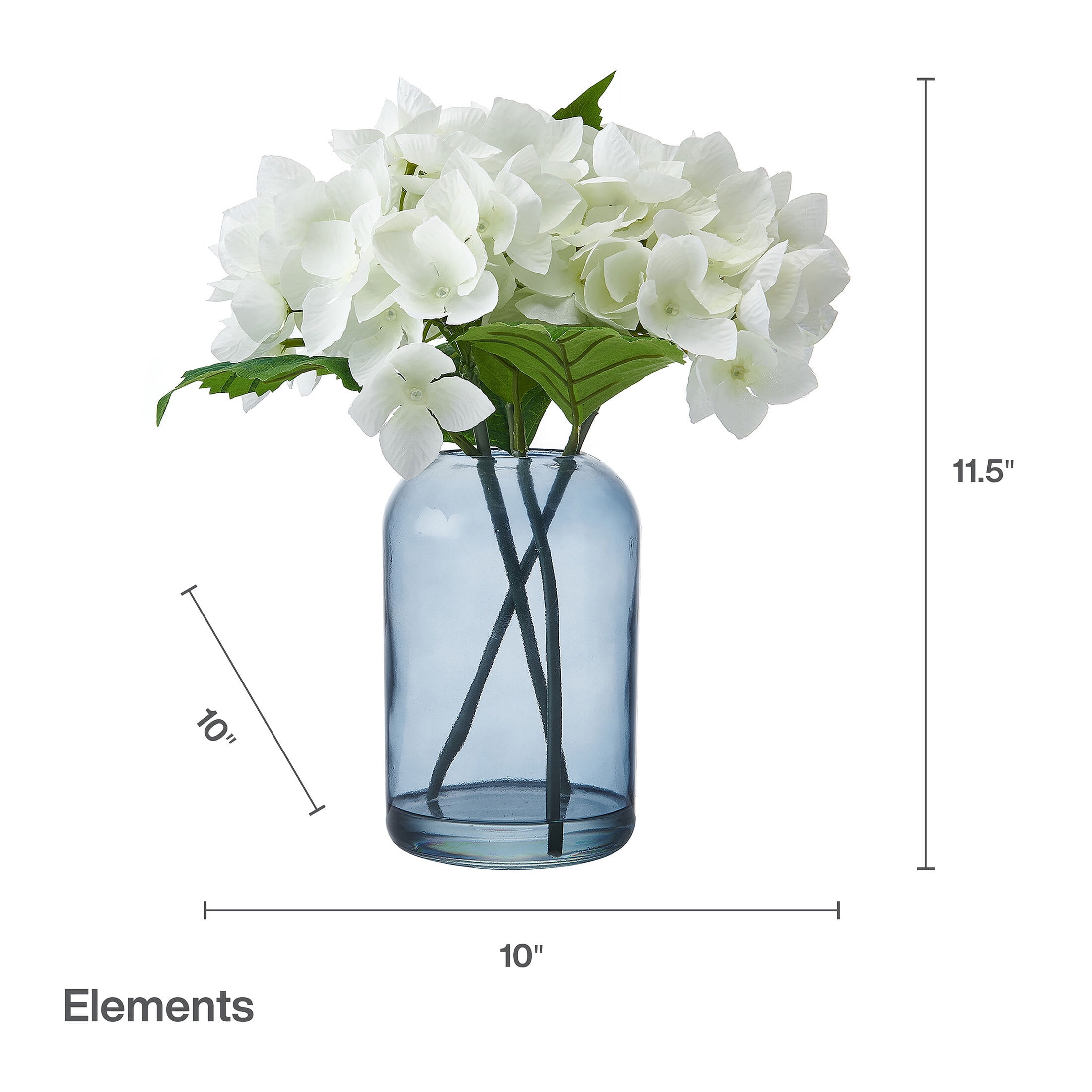 Elements 11.8 inch Realistic Look and Feel Artificial White Hydrangea Arrangement in Blue Glass Vase