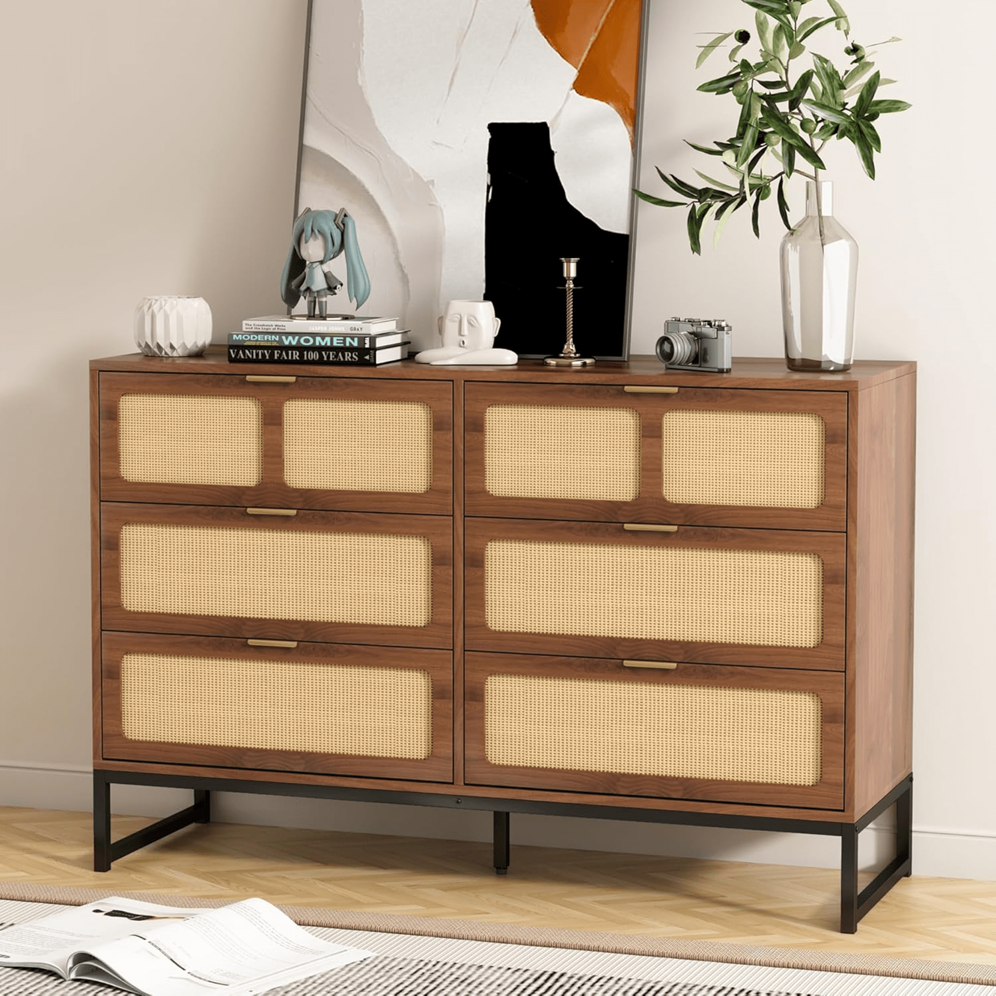 6 Drawer Double Dresser, Rattan Chest of Drawers, Wood Storage Chest for Bedroom Living Room