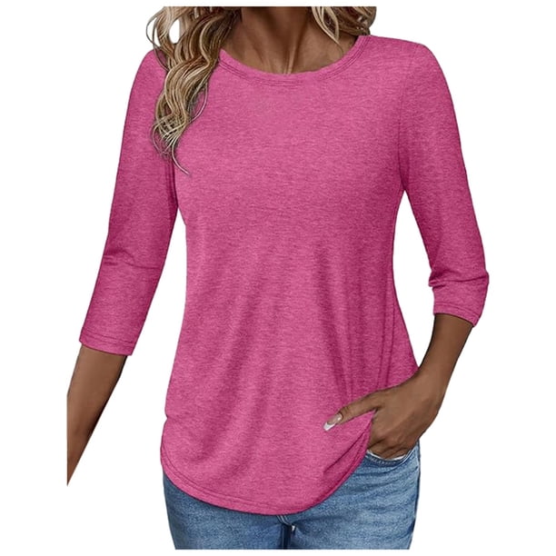 Camiseta de manga tres cuartos cómoda y casual de cuello redondo para mujer