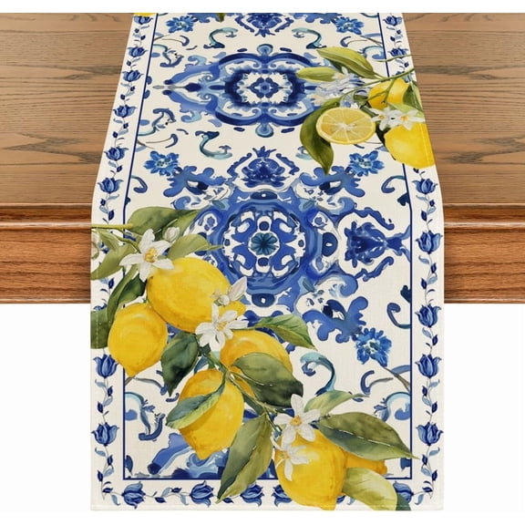 Lemon Blue and White Porcelain 210 GSM Summer Table Runner, Seasonal Spring Kitchen Dining Table Decoration for Home Party Decor 13x72 Inch
