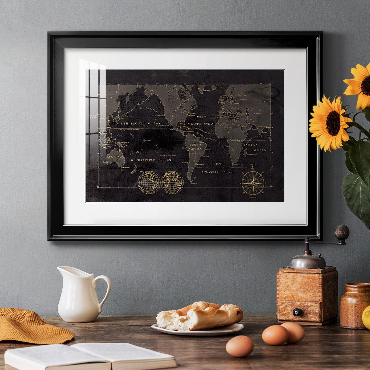 Black Gold Map Premium Framed Print - Ready to Hang