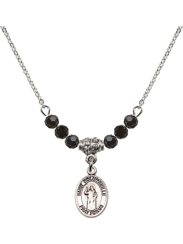 Bonyak Jewelry 18 Inch Rhodium Plated Necklace w/ 4mm Jet Birth Month Stone Beads and Saint Columbkille Charm 