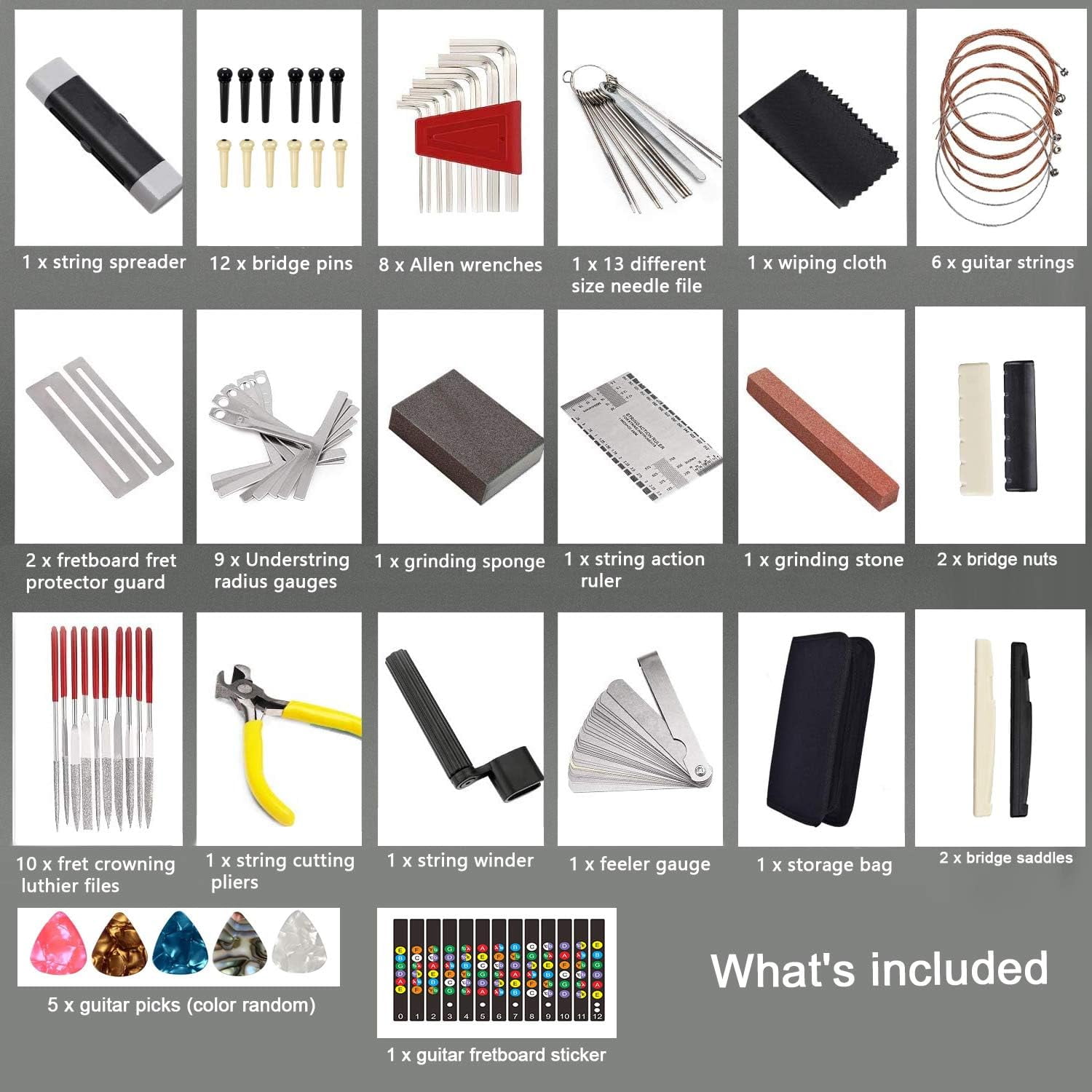 72-Piece Professional Guitar Repair Tool Kit, Complete Maintenance Set for Acoustic & Electric Guitar, Bass, Ukulele - Includes Strings, Picks, Bridge Pins, Gauge, Storage Bag