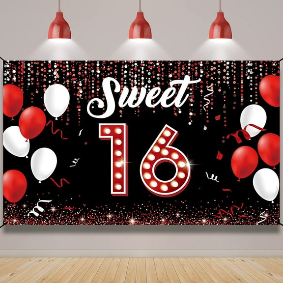 Sweet 16 Birthday Backdrop Banner, Happy 16th Birthday Decorations for Girls Boys, Red Black Sweet Sixteen Birthday Party Yard Sign Photo Booth Props for Outdoor Indoor