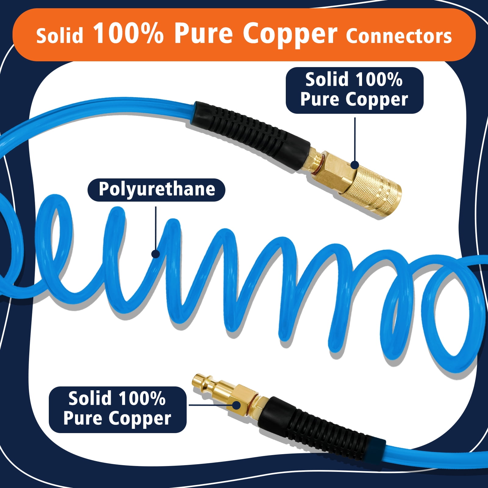 AGALI 1/4 in x 25 ft Polyurethane Air Hose with Bend Restrictor, Air Compressor Hose with 1/4 Solid 100% Pure Copper Quick Connect Fittings and I/M Plug Kit, Coiled PU Air Hose 1/4", Blue
