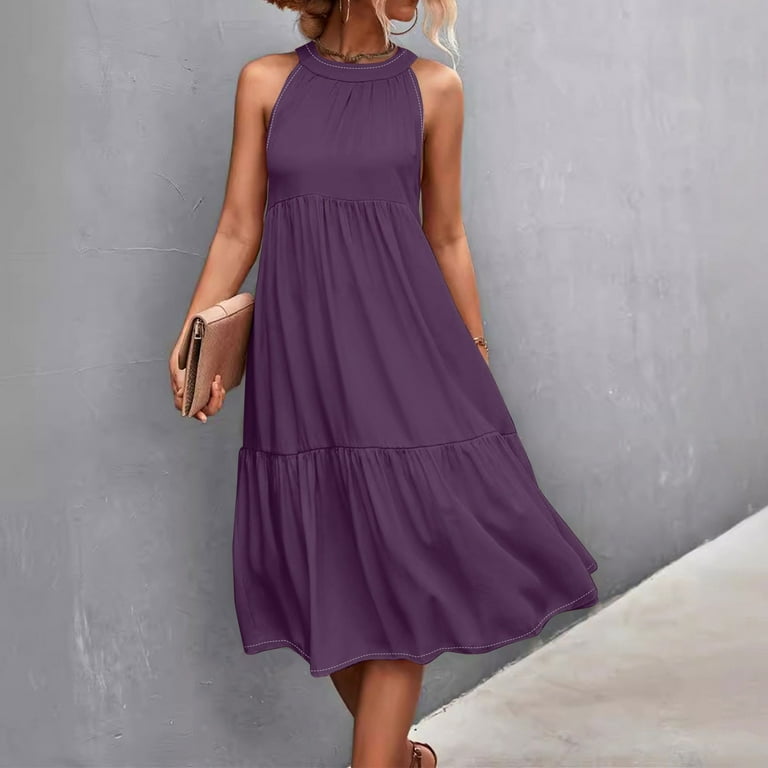 Women's Halter Neck Sleeveless Beach Dress Color Block Solid Print Loose  Fit Sundress with Side Slits and Back Tie for Pool Parties,Dark Purple S -  Walmart.com