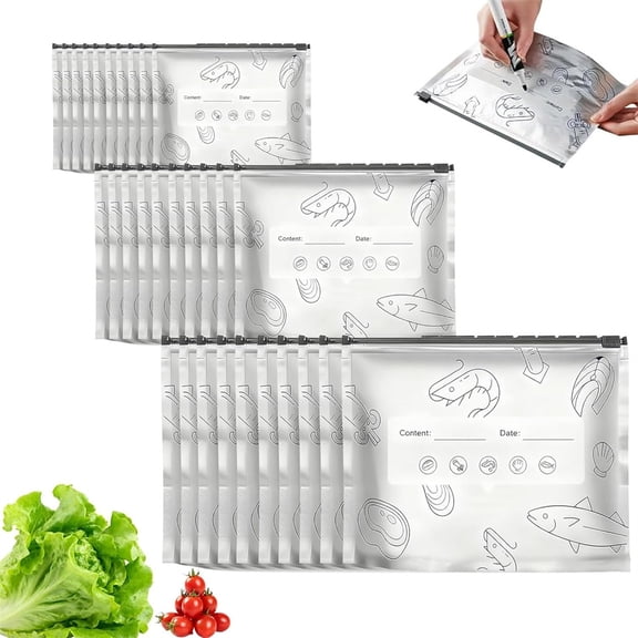 NOGIS 30Pcs Reusable Aluminum Foil Sealable Storage Bags, Thicken Stand Up Foil Sealable Bags with Label and Zip Lock, Aluminum Foil Bags for Food, Vegetable Fruit Meat (10*S 10*M 10*L)