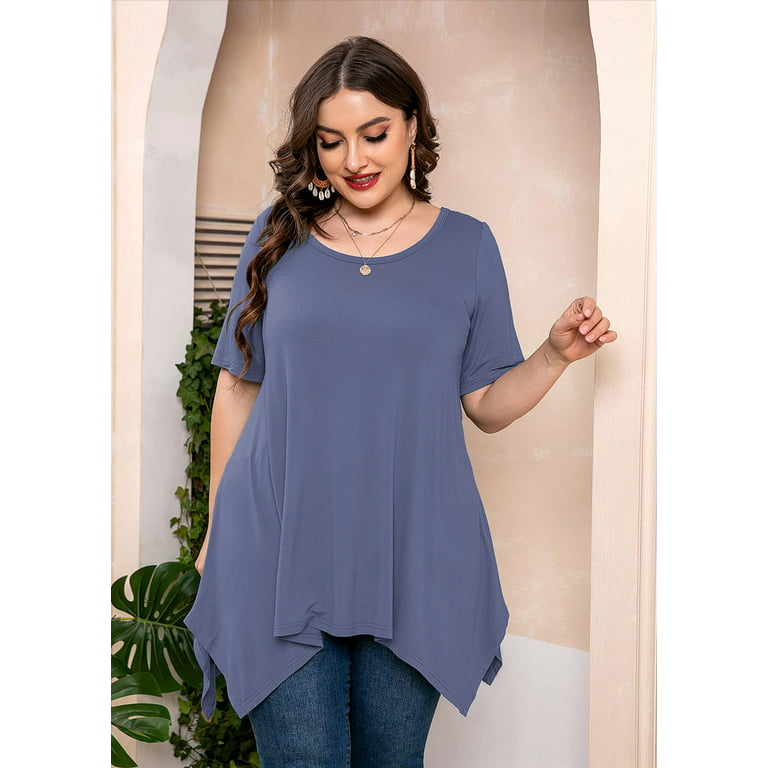 SHOWMALL Plus Size Clothing for Women Tunic Tops Short Sleeve Grey Blue 2X  Summer Blouse Swing Tee Crewneck Clothes Flowy Shirt for Leggings