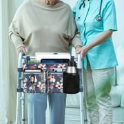 FINPAC Large Walker Tote Bag with Cup Holder, Folding Walker Attachment Hands-Free Storage Basket Mobility Aid Accessory Pouch for Elderly, Senior, Blooming Hibiscus