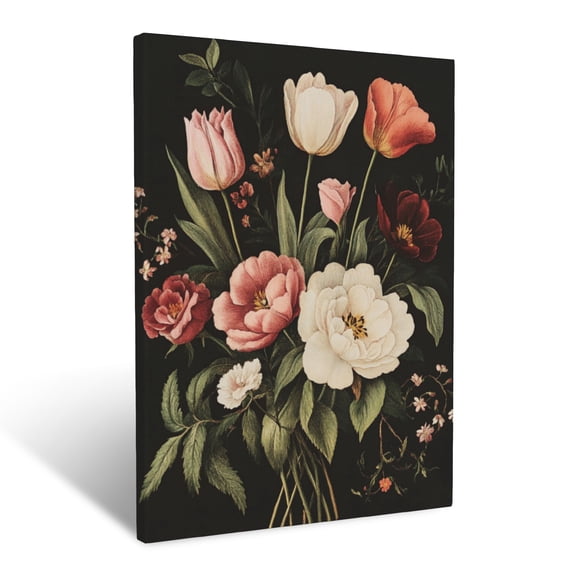 CozyNet Vintage Inspired Botanical Print Featuring Tulips, Roses, And Peonies Wall Art Prints With Frame Canvas Perfect for Living Room & Bedroom, Ready to Hang, Wall Decor 12"x16"in