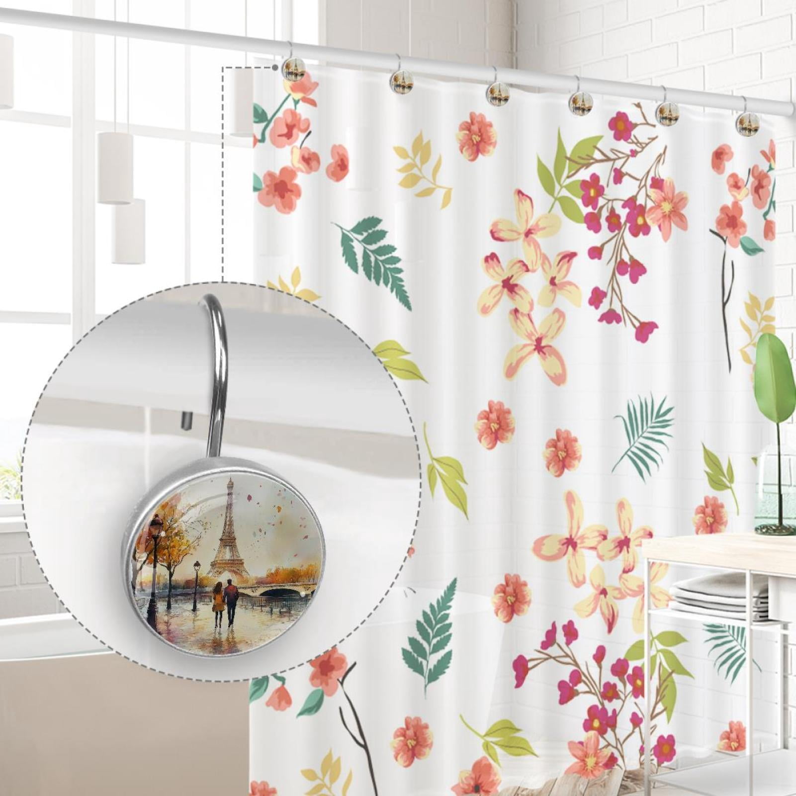 Watercolor Youngers on Paris Tower Shower Curtain Hooks Round Crystal Glass, Set of 12 Shower Curtain Rings - Shower Hooks for Curtain Shower Rings