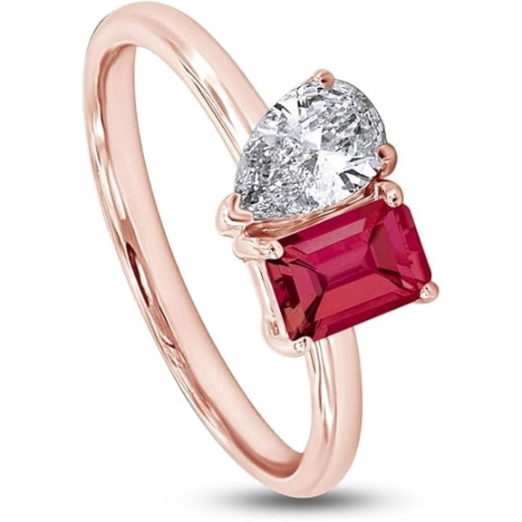 925 Sterling Silver 14K Rose Gold Plating Emerald Shape Ruby & Pear Cut White Diamond Toi Et Moi 2-Stone Engagement Wedding Ring For Women