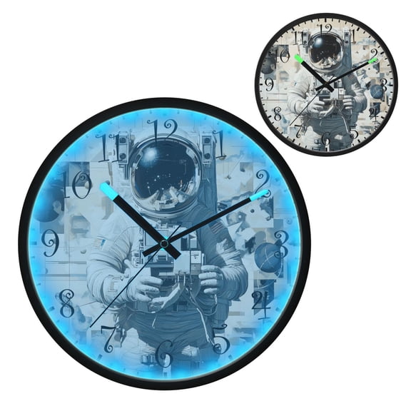 Voice Activated Clock with Glow Light 12 Inch Large Silent Wall Clock Battery Operated for Home Decor Astronaut and Geometric Shapes