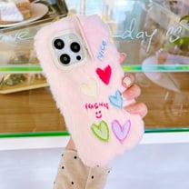 Cute Fluffy Case for iPhone 14, Camera Cover Kickstand Design Furry Funny Faux Winter Fur Case Soft Silicone Shockproof Kawaii Cover for Women Girls for iPhone 14 - Pink