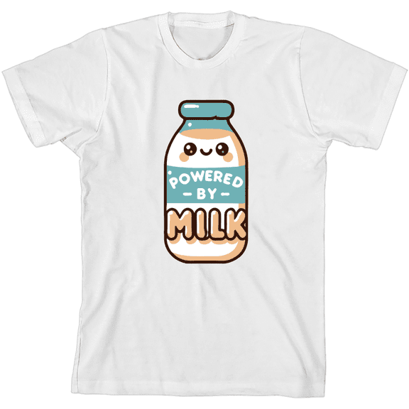 "Powered By Milk" Youth White Crew Neck Short Sleeve Tee-Medium