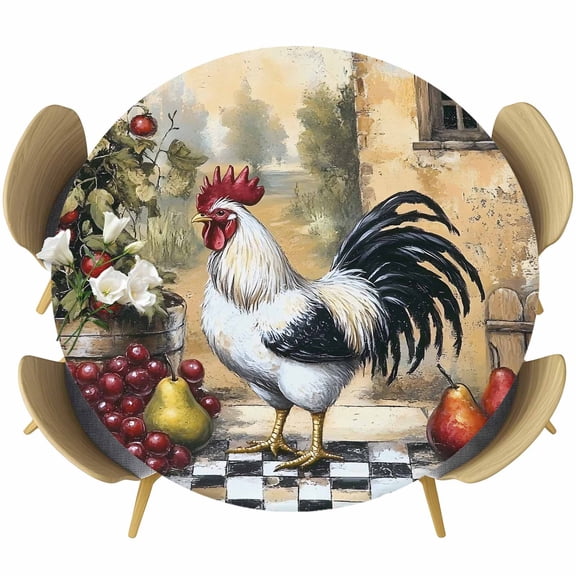 Vintage Rooster Round Tablecloth 45-54 Inch Round Fitted Table Cloth with Elastic Edge, Pastoral Animals Plaid Waterproof Table Cover Protector for Outdoor Picnic Party Dining