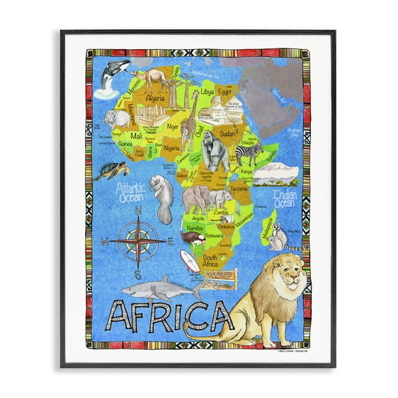 Stupell Industries African Animals Map Travel & Places Painting Black Framed Art Print Wall Art, 11 x 14