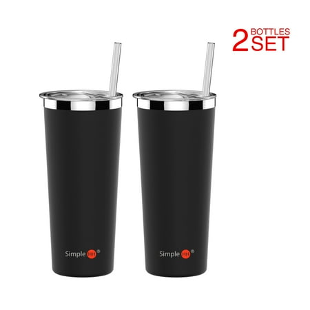Coffee Mug Black Metal Holiday Season | 2 Pack SimpleHH Vacuum Insulated Coffee Cup | Double Walled Stainless Steel Tumbler with straw | Travel Flask Mug | No Sweating, Keeps Your Drink Hot & Cold| 22oz(650ml) | Black ()