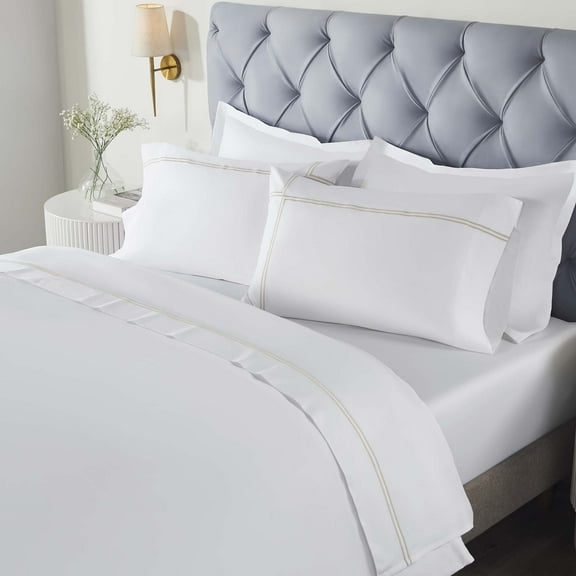 BNM Two-Line Embroidered Cotton Bed Sheet Set, Twin, White/Taupe
