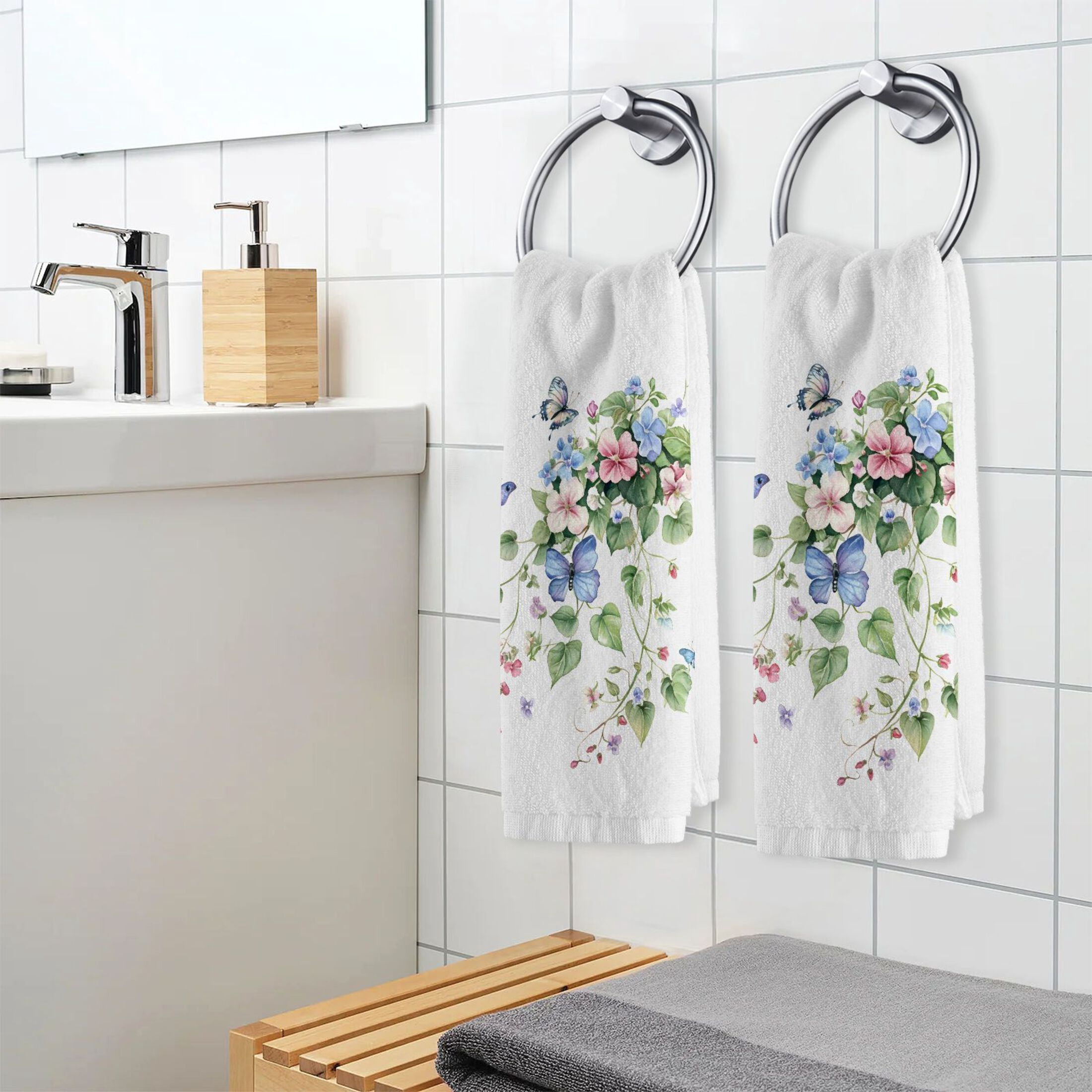 Ryvnso Watercolor Flower Butterfly Hand Towels Set for Bathroom Cotton Face Towel Decorative 15.5x29.5 inch