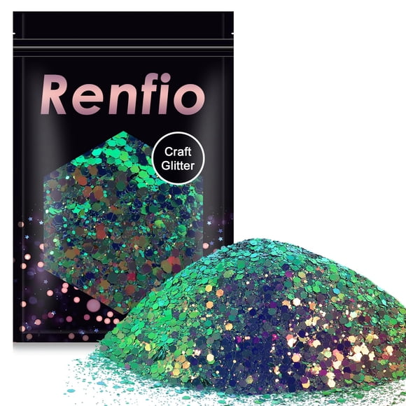 Renfio Camaleón Chunky Glitter Mezclado Polvo Fino Cambio de Color 1.75 Oz (50g) PET Flake Hexágono Verde Azul Brillos Lentejuelas Resina Pigmento Chip Polvo para Pintura Limo Artesanía Cabello Bellez