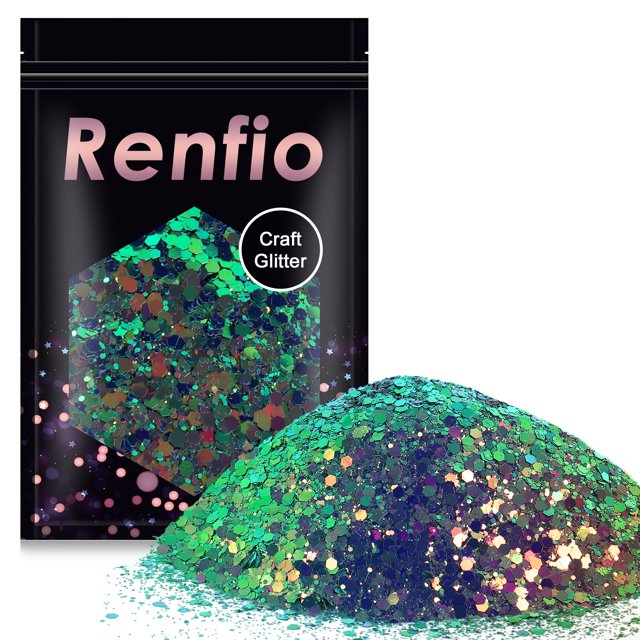 Renfio Camaleón Chunky Glitter Mezclado Polvo Fino Cambio de Color 1.75 Oz (50g) PET Flake Hexágono Verde Azul Brillos Lentejuelas Resina Pigmento Chip Polvo para Pintura Limo Artesanía Cabello Bellez